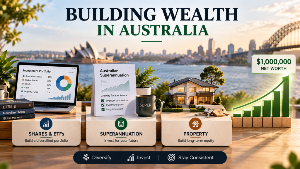 How to Become a Millionaire in Australia: A Practical Wealth-Building Guide 2 Australian wealth-building portfolio showing shares and ETFs, superannuation and property investments
