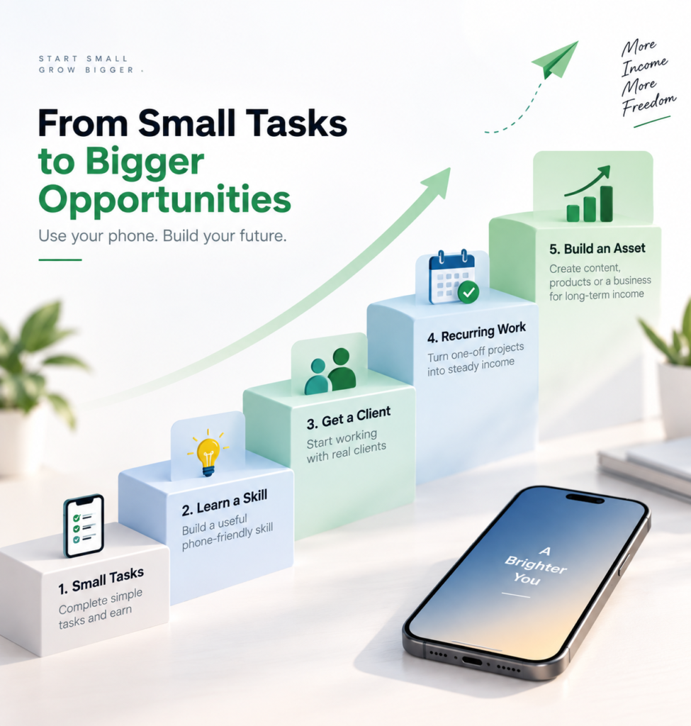 Progression from small phone tasks to skills, clients, recurring work and scalable income