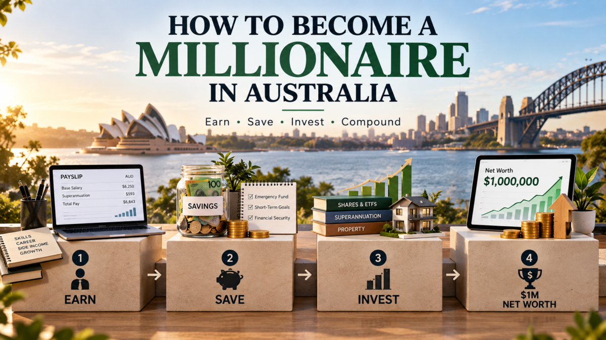 How to become a millionaire in Australia through earning, saving, investing and compound growth