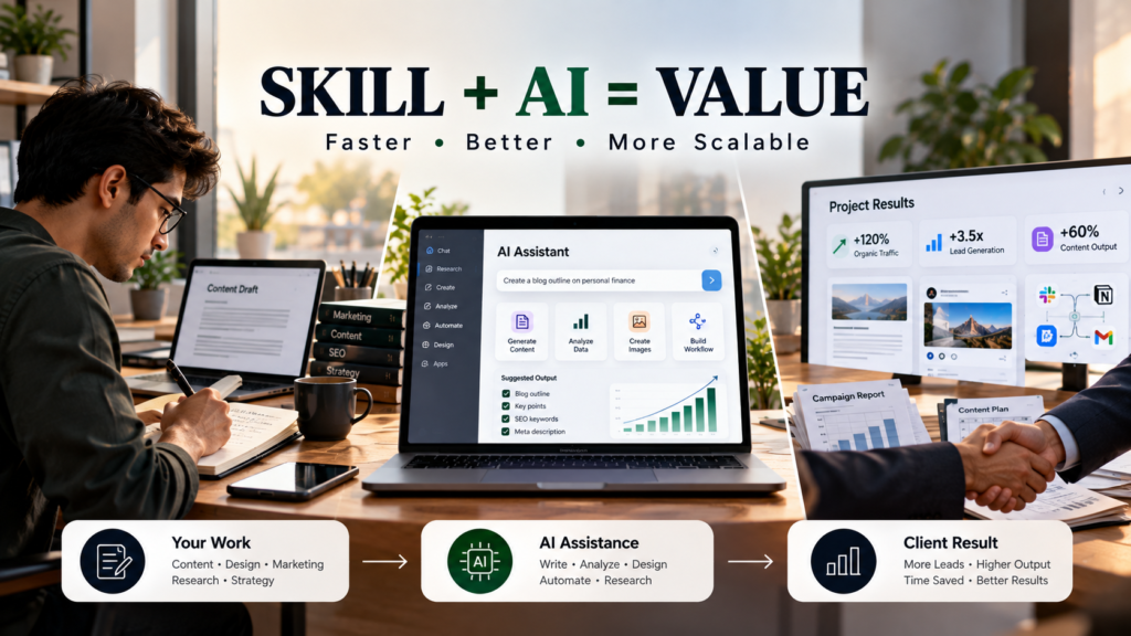 Human professional using AI to improve content, marketing, automation and other client services