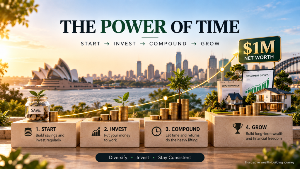 How to Become a Millionaire in Australia: A Practical Wealth-Building Guide 3 Illustrative wealth-building journey showing savings, investing, compound growth and $1 million net worth over time