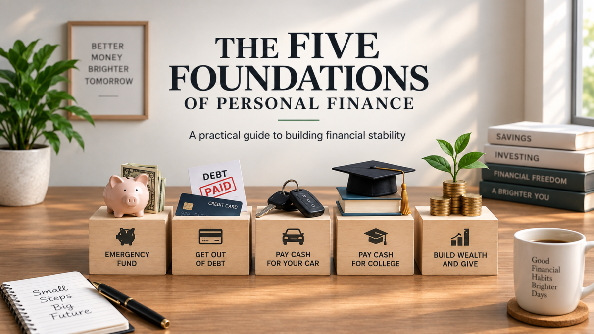 Five foundations of personal finance including emergency savings, debt repayment, paying cash for a car and college, and building wealth
