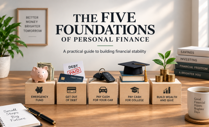 Five foundations of personal finance including emergency savings, debt repayment, paying cash for a car and college, and building wealth