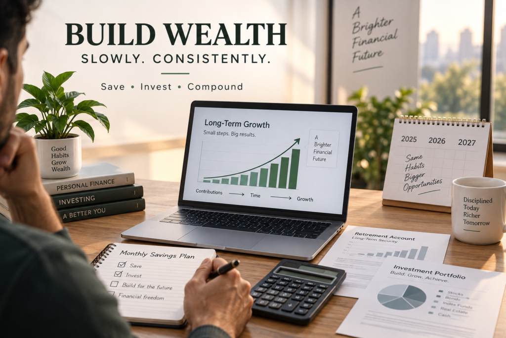 Personal finance planning desk showing long-term investment growth, monthly savings, retirement planning, and compound growth